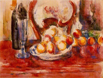Impressionist Still Life Painting - Still Life Apples a Bottle and Chairback Paul Cezanne